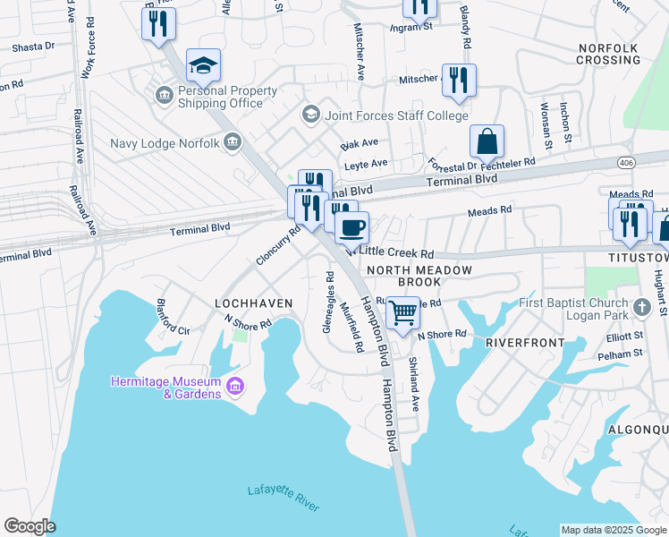 map of restaurants, bars, coffee shops, grocery stores, and more near 7467 Hampton Boulevard in Norfolk