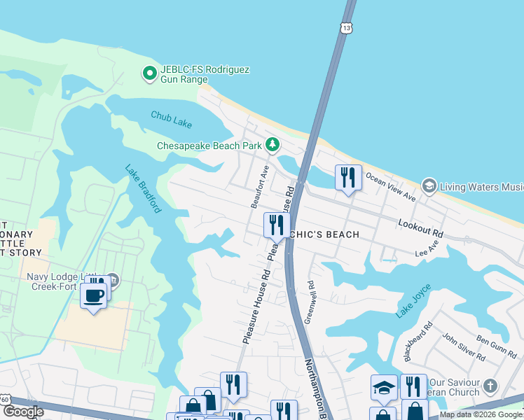 map of restaurants, bars, coffee shops, grocery stores, and more near 4812 Bel Air Lane in Virginia Beach