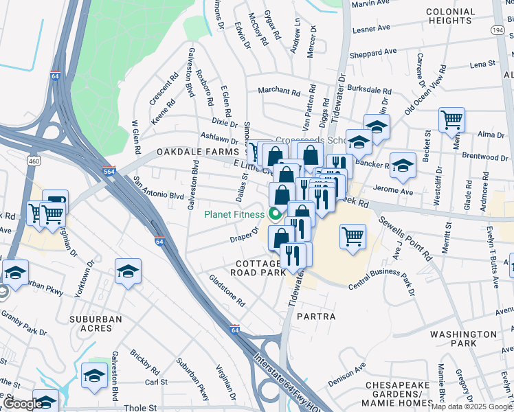map of restaurants, bars, coffee shops, grocery stores, and more near 528 Draper Drive in Norfolk