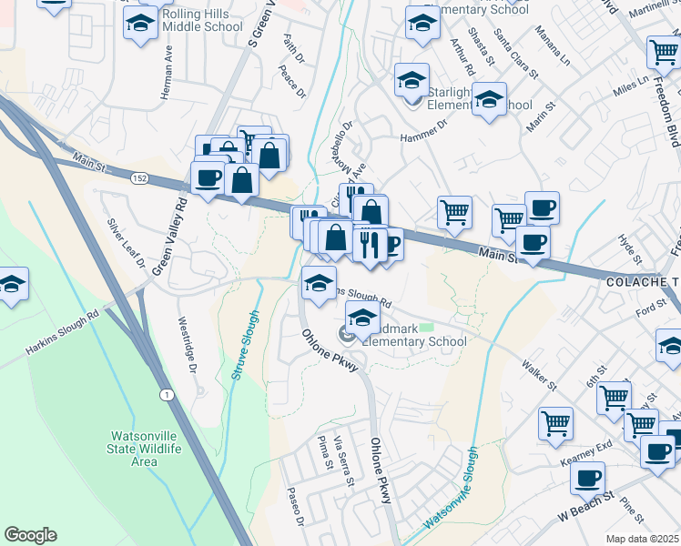 map of restaurants, bars, coffee shops, grocery stores, and more near 1455 Main Street in Watsonville