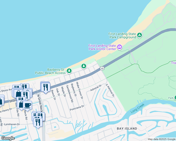 map of restaurants, bars, coffee shops, grocery stores, and more near 2305 First Landing Lane in Virginia Beach
