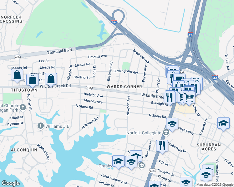 map of restaurants, bars, coffee shops, grocery stores, and more near 415 West Little Creek Road in Norfolk