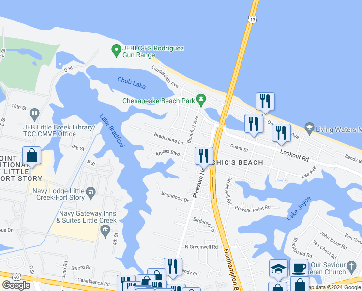 map of restaurants, bars, coffee shops, grocery stores, and more near 4905 Bradpointe Lane in Virginia Beach