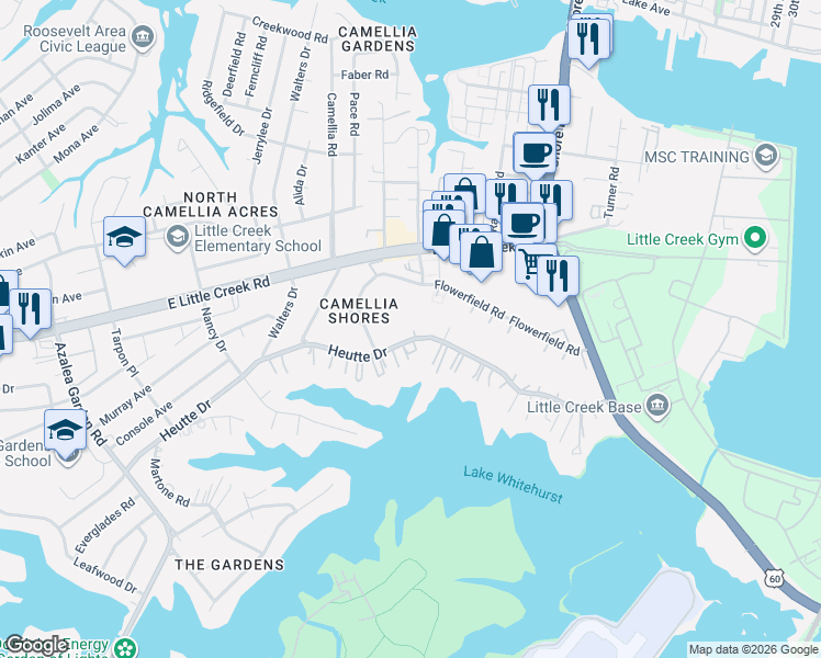 map of restaurants, bars, coffee shops, grocery stores, and more near 3822 Heutte Drive in Norfolk