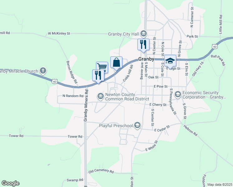 map of restaurants, bars, coffee shops, grocery stores, and more near Ok Rd in Granby