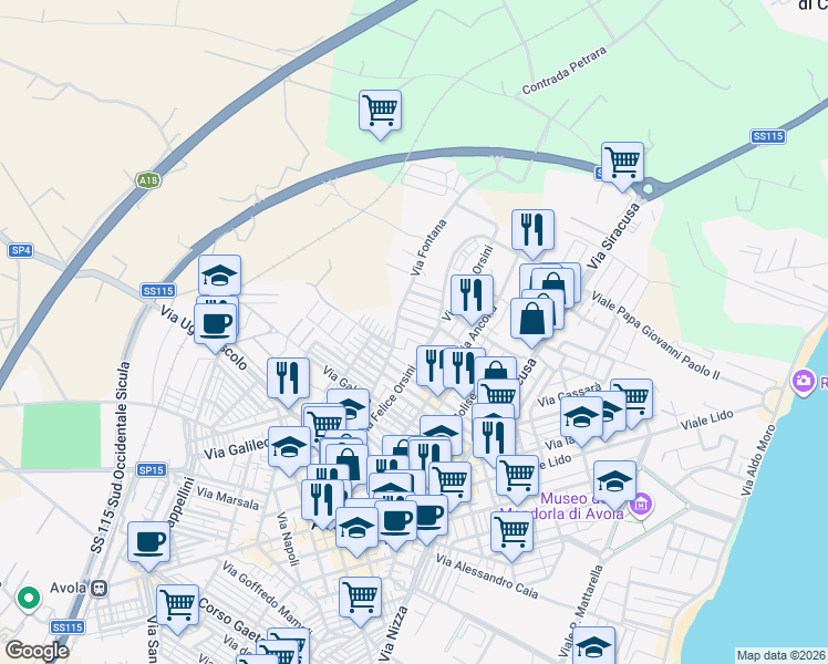 map of restaurants, bars, coffee shops, grocery stores, and more near Via Filippo Juvara in Avola