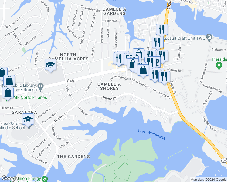 map of restaurants, bars, coffee shops, grocery stores, and more near 3801 Flowerfield Court in Norfolk