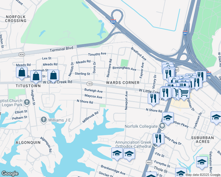 map of restaurants, bars, coffee shops, grocery stores, and more near 423 West Little Creek Road in Norfolk