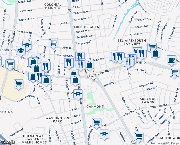 map of restaurants, bars, coffee shops, grocery stores, and more near E Little Creek Rd in Norfolk