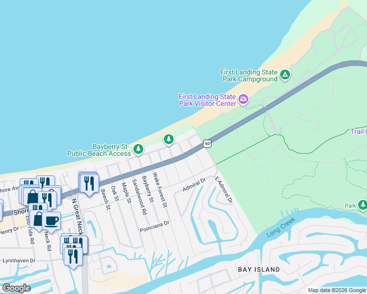 map of restaurants, bars, coffee shops, grocery stores, and more near 2305 First Landing Lane in Virginia Beach