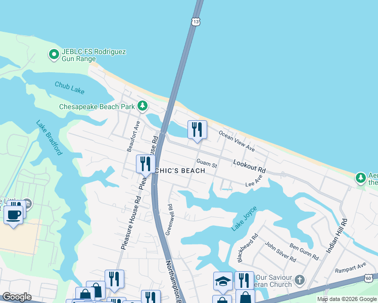 map of restaurants, bars, coffee shops, grocery stores, and more near 4601A Guam Street in Virginia Beach