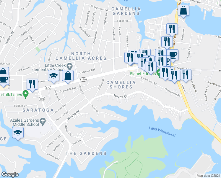 map of restaurants, bars, coffee shops, grocery stores, and more near 3516 Heutte Drive in Norfolk