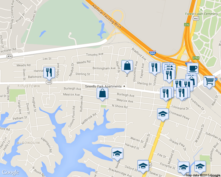 map of restaurants, bars, coffee shops, grocery stores, and more near 414 Burleigh Avenue in Norfolk