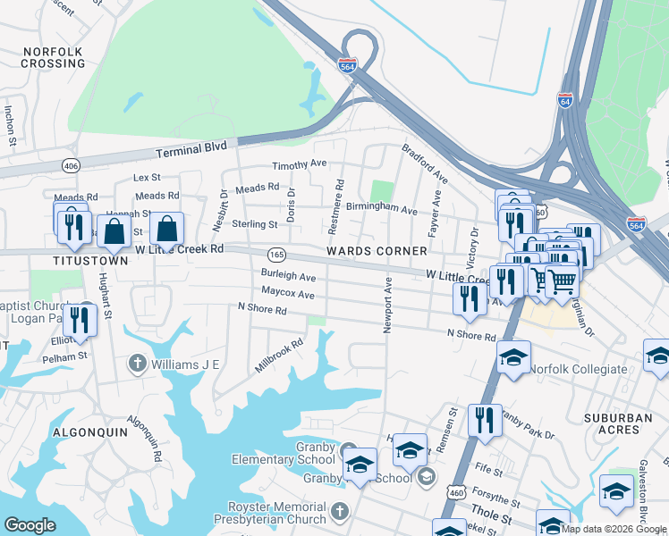 map of restaurants, bars, coffee shops, grocery stores, and more near 501 Burleigh Avenue in Norfolk