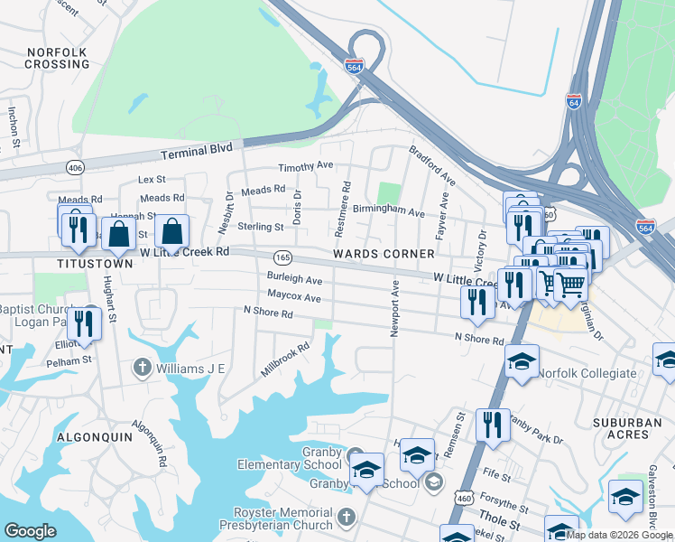 map of restaurants, bars, coffee shops, grocery stores, and more near 501 Burleigh Avenue in Norfolk