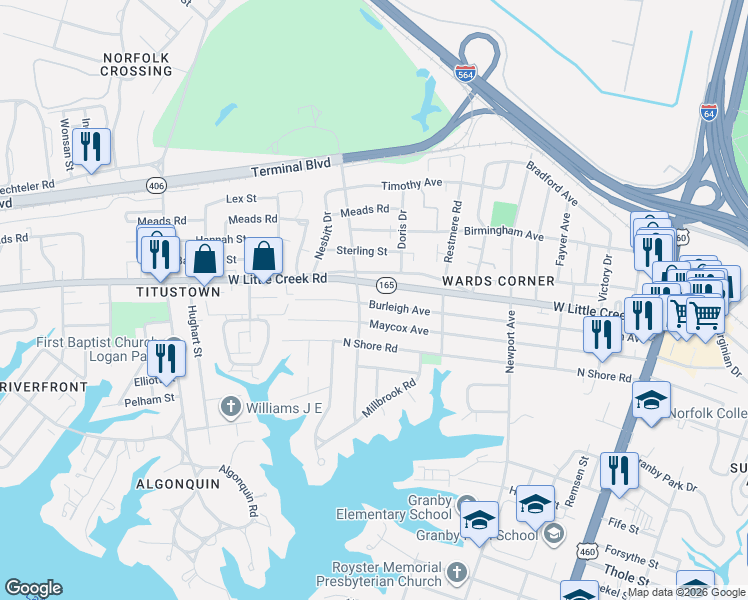map of restaurants, bars, coffee shops, grocery stores, and more near 528 Maycox Avenue in Norfolk