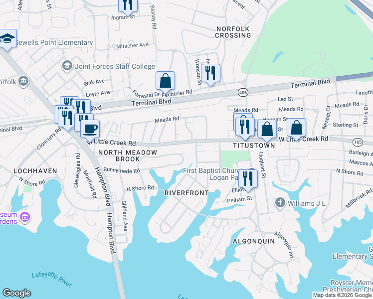 map of restaurants, bars, coffee shops, grocery stores, and more near 7507 Major Avenue in Norfolk