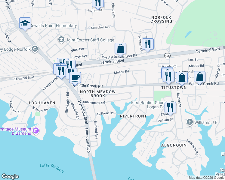 map of restaurants, bars, coffee shops, grocery stores, and more near 1420 Trouville Avenue in Norfolk