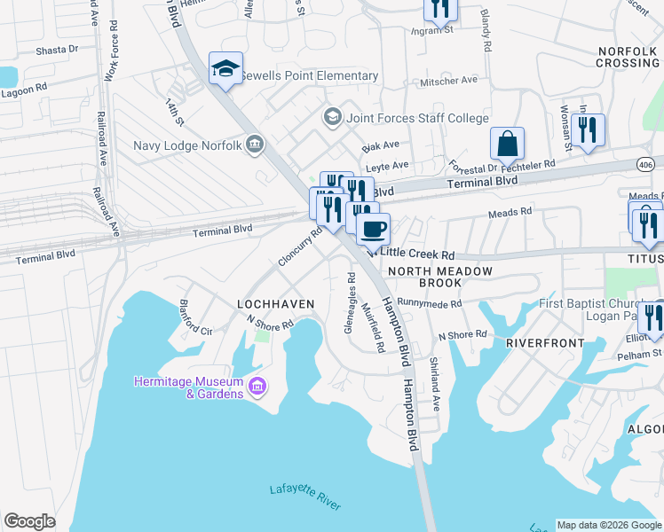 map of restaurants, bars, coffee shops, grocery stores, and more near 7650 Maury Arch in Norfolk