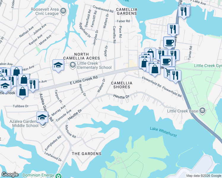map of restaurants, bars, coffee shops, grocery stores, and more near 3516 Heutte Drive in Norfolk
