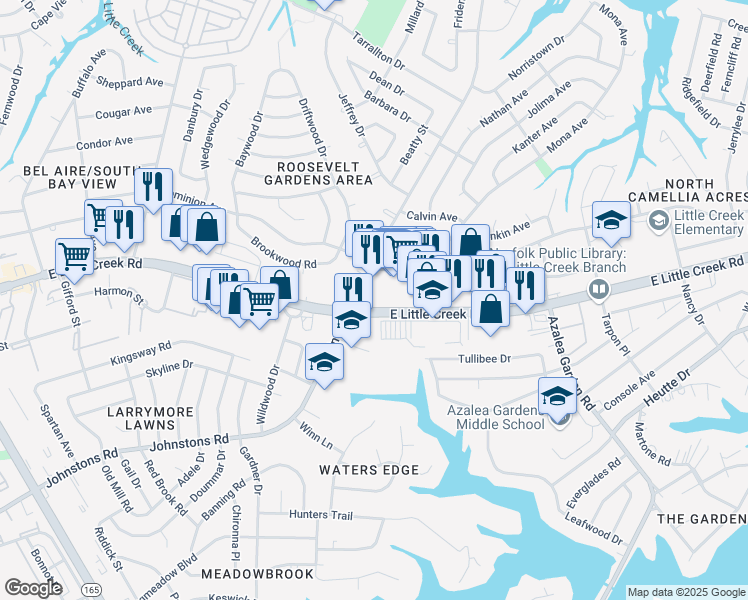 map of restaurants, bars, coffee shops, grocery stores, and more near 2325 East Little Creek Road in Norfolk