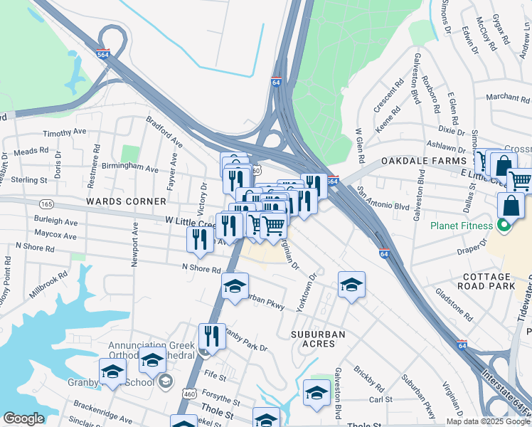 map of restaurants, bars, coffee shops, grocery stores, and more near in Norfolk