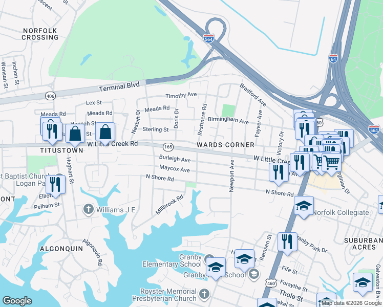 map of restaurants, bars, coffee shops, grocery stores, and more near 501 Burleigh Avenue in Norfolk