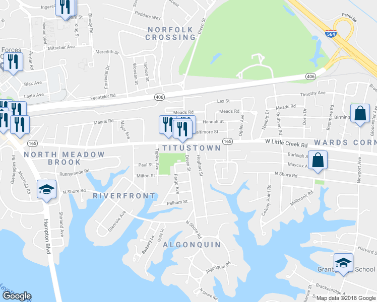 map of restaurants, bars, coffee shops, grocery stores, and more near 7600 Diven Street in Norfolk