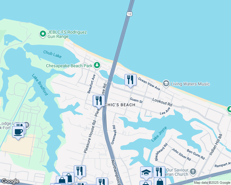 map of restaurants, bars, coffee shops, grocery stores, and more near 4642 Guam Street in Virginia Beach