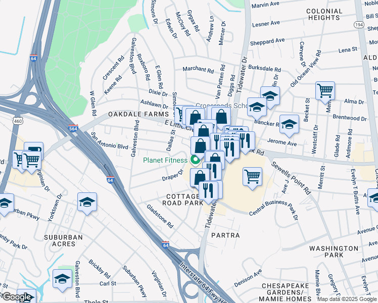 map of restaurants, bars, coffee shops, grocery stores, and more near 529 Draper Dr in Norfolk