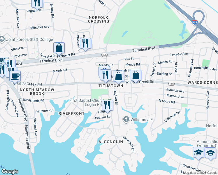 map of restaurants, bars, coffee shops, grocery stores, and more near 7600 Diven Street in Norfolk