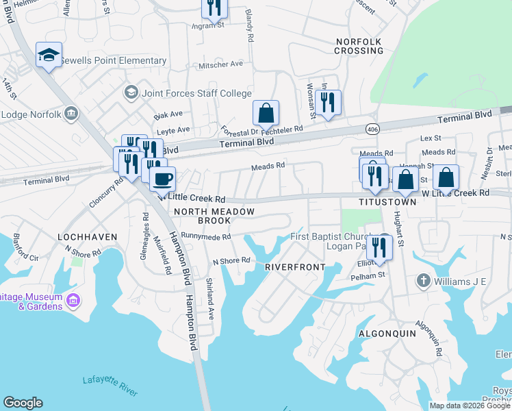 map of restaurants, bars, coffee shops, grocery stores, and more near 1420 Trouville Avenue in Norfolk
