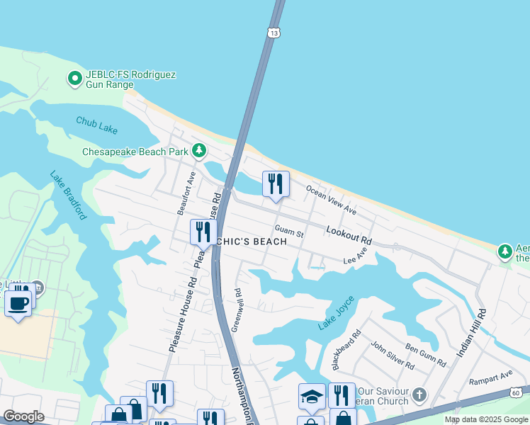 map of restaurants, bars, coffee shops, grocery stores, and more near 4601A Guam Street in Virginia Beach