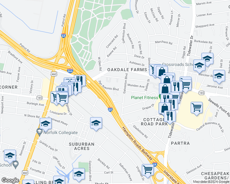 map of restaurants, bars, coffee shops, grocery stores, and more near 351 San Antonio Boulevard in Norfolk
