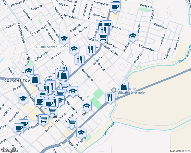 map of restaurants, bars, coffee shops, grocery stores, and more near 204 Blackburn Street in Watsonville
