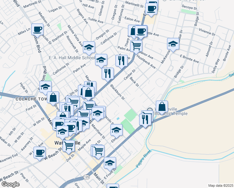 map of restaurants, bars, coffee shops, grocery stores, and more near 353 East Beach Street in Watsonville