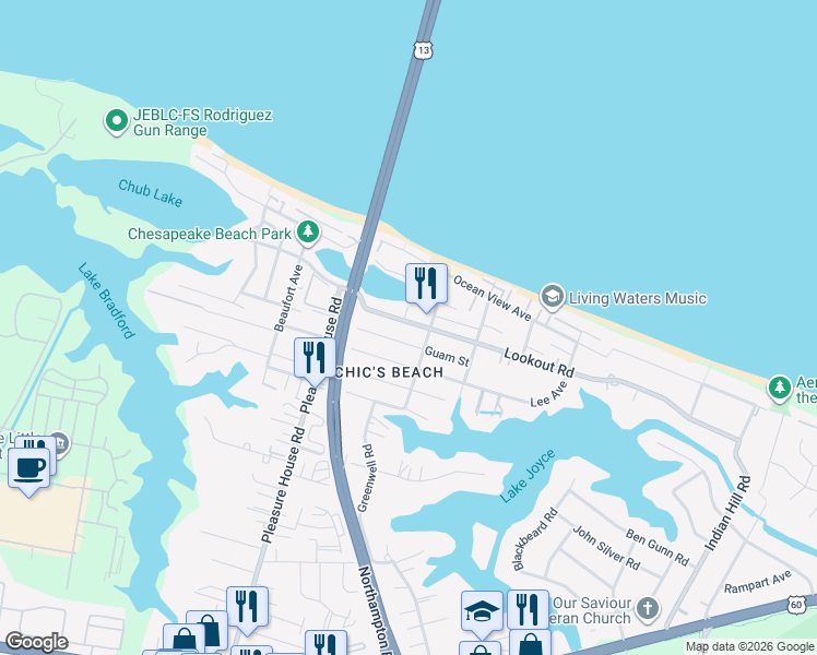map of restaurants, bars, coffee shops, grocery stores, and more near 4601A Guam Street in Virginia Beach