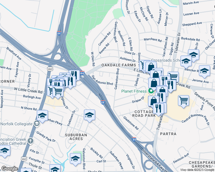 map of restaurants, bars, coffee shops, grocery stores, and more near 7611 Galveston Boulevard in Norfolk