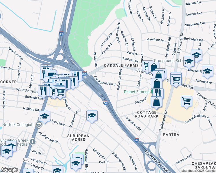 map of restaurants, bars, coffee shops, grocery stores, and more near 347 San Antonio Boulevard in Norfolk
