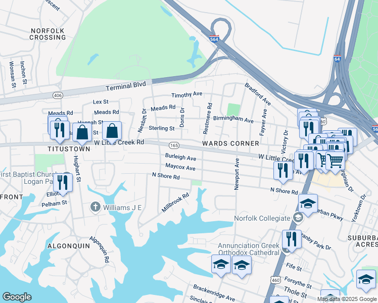 map of restaurants, bars, coffee shops, grocery stores, and more near 517 Burleigh Avenue in Norfolk
