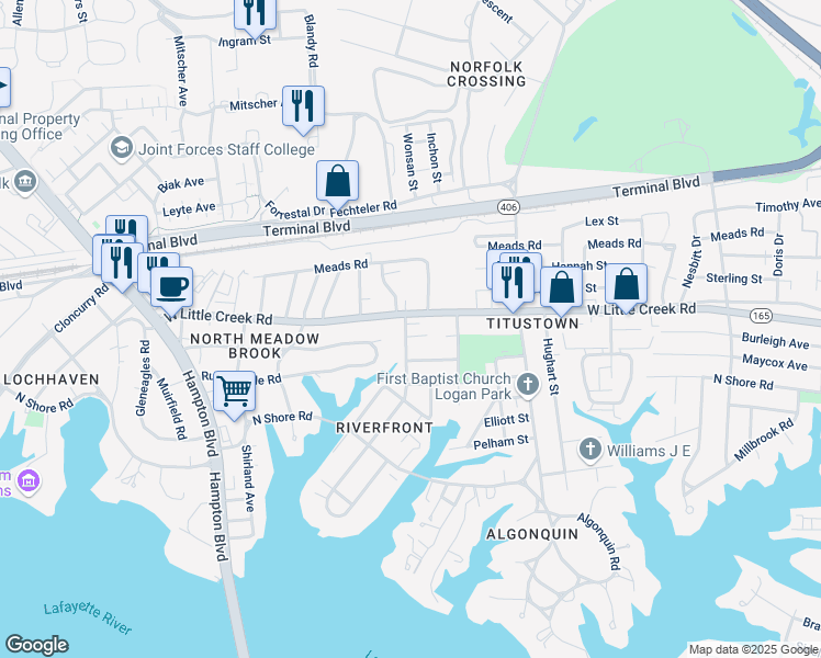 map of restaurants, bars, coffee shops, grocery stores, and more near 7507 Major Avenue in Norfolk