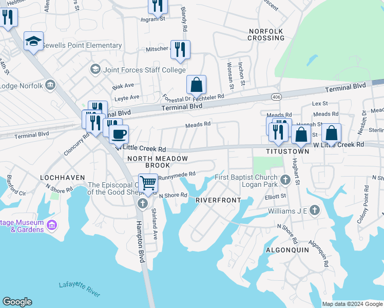map of restaurants, bars, coffee shops, grocery stores, and more near 1420 Trouville Avenue in Norfolk