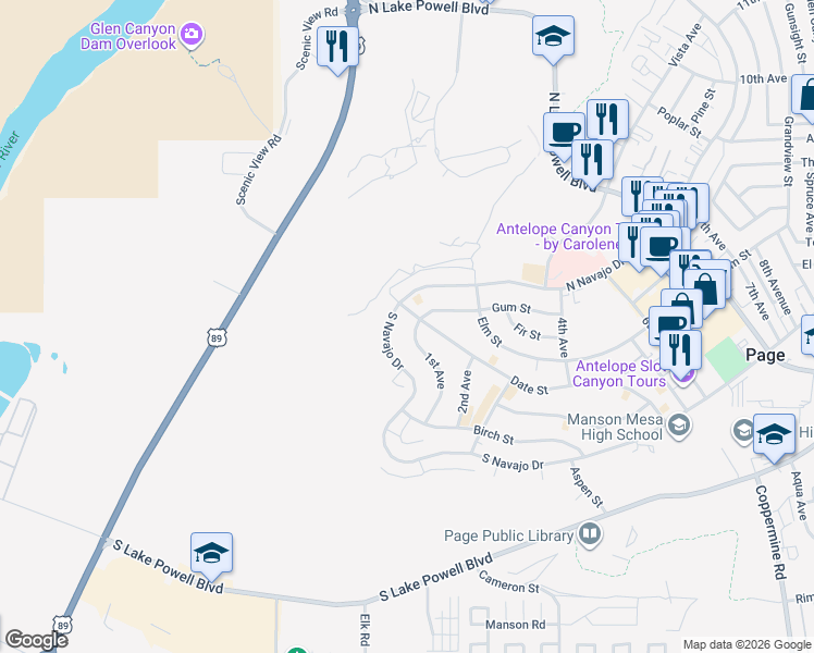 map of restaurants, bars, coffee shops, grocery stores, and more near 30 1st Avenue in Page