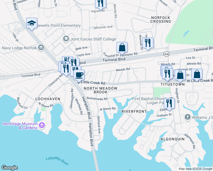 map of restaurants, bars, coffee shops, grocery stores, and more near 1504 Trouville Avenue in Norfolk