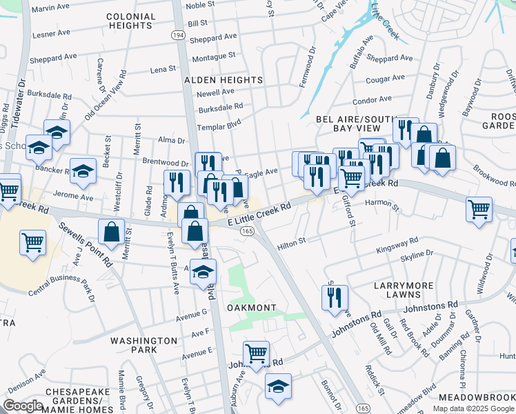 map of restaurants, bars, coffee shops, grocery stores, and more near 1221 E Little Creek Rd in Norfolk