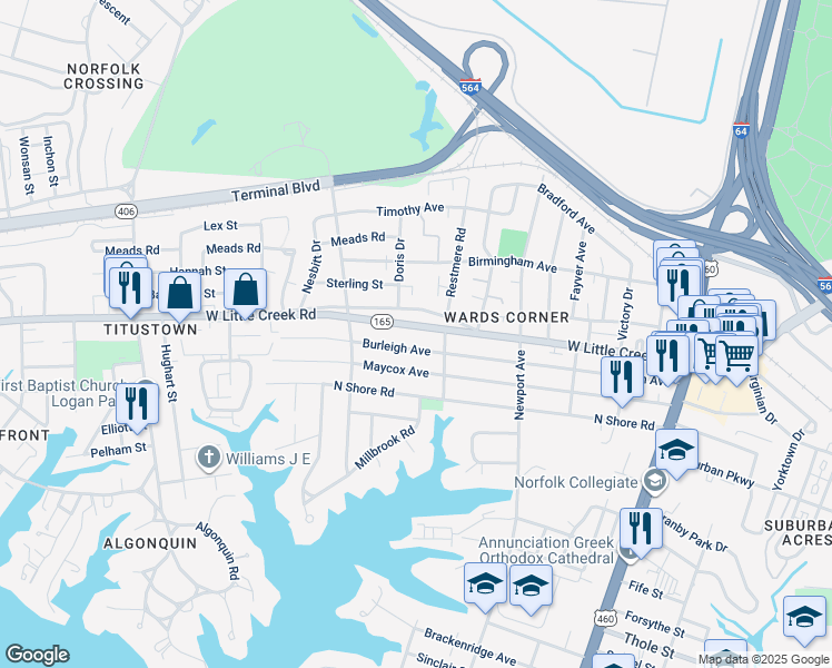 map of restaurants, bars, coffee shops, grocery stores, and more near 517 Burleigh Avenue in Norfolk