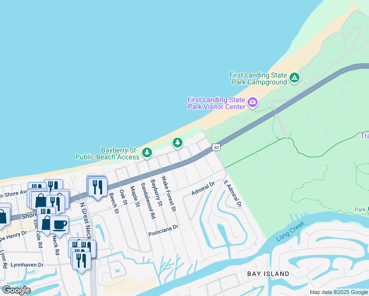 map of restaurants, bars, coffee shops, grocery stores, and more near 2605 Ocean Shore Avenue in Virginia Beach