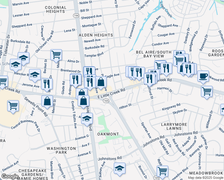 map of restaurants, bars, coffee shops, grocery stores, and more near 1221 E Little Creek Rd in Norfolk
