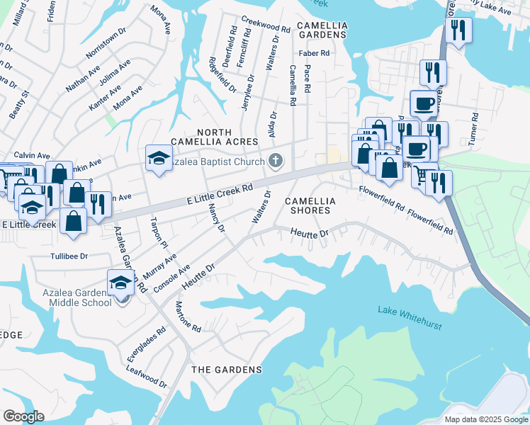 map of restaurants, bars, coffee shops, grocery stores, and more near 7801 Camellia Road in Norfolk