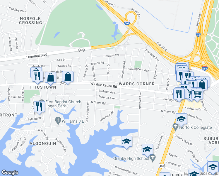 map of restaurants, bars, coffee shops, grocery stores, and more near 515 West Little Creek Road in Norfolk